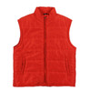 A red puffer vest with a high collar, featuring a front zip and pockets, worn by a smiling male model.