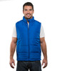 A blue puffer vest worn by a man, featuring a zip front and standing collar. The vest has pockets and a logo.