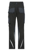 Workwear pants in black with grey accents, featuring multiple pockets and reflective detailing. Includes a logo.