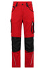 Red workwear pants featuring black accents and multiple pockets, designed for durability and functionality.