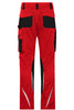 Red workwear pants with black accents, featuring multiple pockets and reflective detailing. Includes a logo.