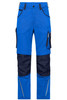 Bright blue workwear pants featuring dark blue accents and multiple pockets, including a logo. Suitable for various tasks.