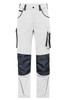 Workwear pants in grey and navy with multiple pockets and a modern design. Features a logo on the waistband.