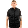A black puffer vest with a quilted design, featuring a high collar and a front zip, worn by a model.