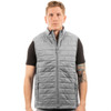A grey puffer vest with a zip and side pockets, featuring a branding logo on the chest.