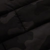 A quilted puffer vest in a black camouflage pattern with a visible quilted texture. It features a logo.