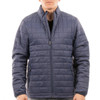 A man wearing a navy blue puffer jacket with a zip front and side pockets, featuring a logo on the chest.
