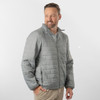 A grey quilted puffer jacket with a zip front and side pockets, worn by a model against a neutral background.