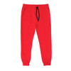 Red fleece jogger pants with a drawstring waistband and cuffed ankles, styled with a plain white t-shirt and sneakers.