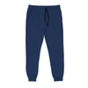 Fleece jogger pants in navy blue with an elastic waistband and pockets. Features a branding logo.