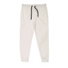 Fleece jogger pants in white with black drawstring and cuffs, featuring two side pockets.