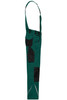 Workwear pants with bib in teal and black, featuring multiple pockets and adjustable straps. Suitable for uniforms and outdoor work.