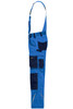 A pair of blue workwear pants with bib, featuring multiple pockets in contrasting navy blue.