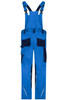 Workwear pants with bib in bright blue, featuring multiple pockets and adjustable straps. Suitable for rugged use.