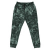 Tech fleece knit jogger pants in a green tie-dye pattern, featuring side pockets and an elastic waistband.