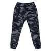 A pair of grey camo knit jogger pants featuring an elastic waist and side pockets, with a logo on the waistband.