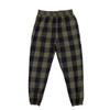 A pair of green and black checkered jogger pants with an elastic waistband and cuffs. Features a brand logo.