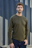 A long-sleeve olive green men's work t-shirt displayed on a model against a textured background.