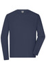 A navy long-sleeve t-shirt with a crew neck and a logo on the label. Suitable for workwear.