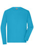 A long-sleeve t-shirt in bright turquoise, featuring a collar and a logo on the label.