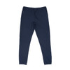 Navy track pants with a drawstring waistband and side pockets, featuring a small logo.