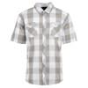 A men's short-sleeve plaid shirt in grey shades, featuring a button-up front and a pocket.