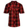 A short-sleeve red and black plaid shirt with a button-up design and a logo on the back.