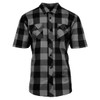 A black and grey checkered short sleeve button-up shirt featuring two chest pockets and a logo.