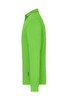 A side view of a long-sleeve polo shirt in vibrant green, featuring a collar and a logo on the hem.