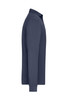 A long-sleeve navy polo shirt with a collar and a side view showcasing its fit and design. It features a logo.