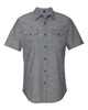 A short sleeve chambray shirt in grey with two chest pockets and a button-up design. Features logo branding.