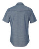 A short sleeve chambray shirt in a light blue shade, featuring a collar and a back yoke design. It has a logo.