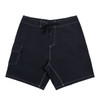 Men's solid black board shorts featuring side pockets and contrasting stitching, with a logo on the waistband.