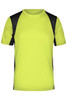 A men's T-shirt in fluoro yellow with black accents, featuring a logo on the fabric.