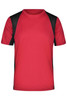 Men's T-shirt in bright red with black sleeves, featuring a logo on one side. Suitable for active wear.