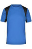 A T-shirt in blue with black sleeves, featuring a logo on the front. Suitable for running or casual wear.