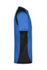 A T-shirt in bright blue with black side panels, featuring a logo on the front.