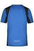 A blue and black men's running T-shirt featuring a sporty design and branding on the back.
