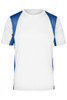 A men's T-shirt in white with blue sleeves and side panels, featuring a logo on one side.