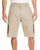 Beige microfiber shorts with side cargo pockets, featuring a button closure and a logo.