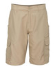 Beige microfiber shorts with side pockets and a branded logo. Suitable for casual or outdoor wear.