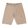 Beige coated dual function shorts featuring a button closure and multiple pockets, with a logo present.