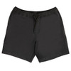 Black sports shorts with an elastic waistband and drawstring, featuring a logo.