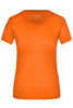 An orange women's T-shirt with a round neckline and short sleeves, featuring a logo.