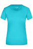 A turquoise ladies' T-shirt with a round neckline and short sleeves. It features a logo on the label.
