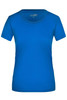 A blue ladies T-shirt with a round neckline and short sleeves. It features a logo on the label.