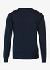 A navy knitted jumper with a simple design, featuring long sleeves and a rounded neckline, including a logo.