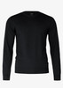 A black knitted jumper with long sleeves and a round neckline, featuring a logo on the label.