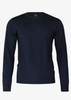 A navy blue knitted jumper featuring long sleeves and a crew neckline, with a branding label on the inside.