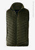 A green vest with a quilted design and a hood, featuring a zip closure and a logo.
